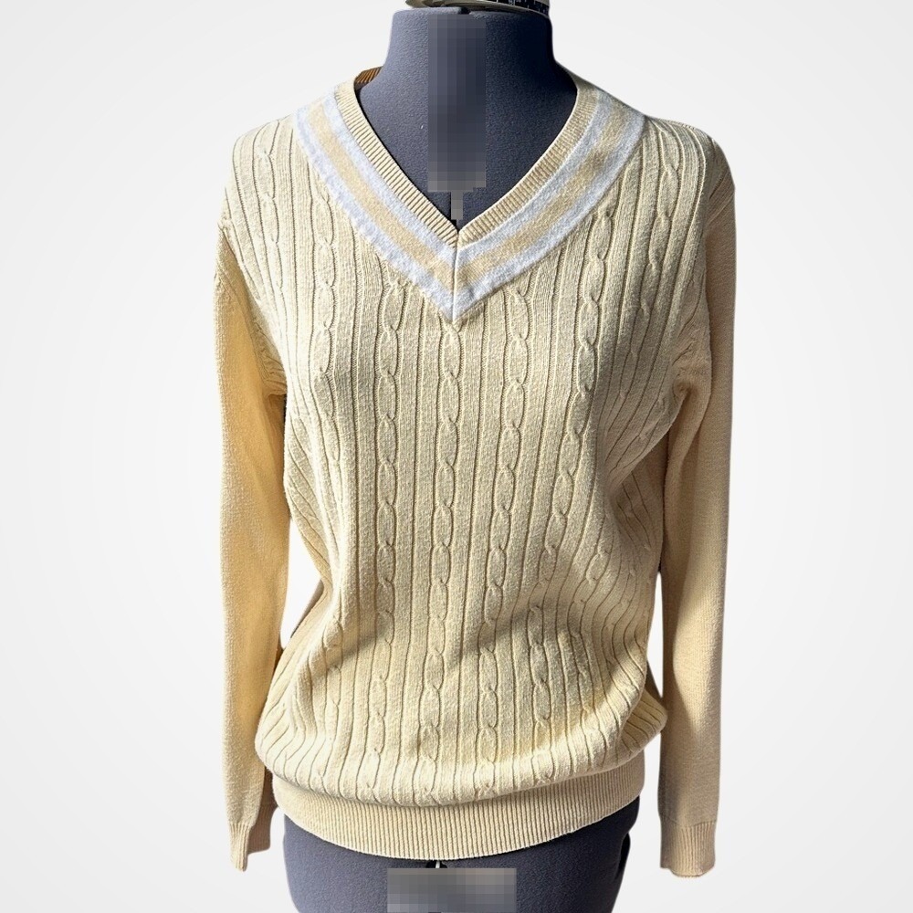 White Stag Womens Pale Yellow Cable Knit V-Neck Sweater Size M 8-10 Retro‎ Sport